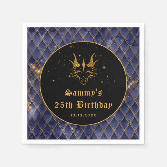 Navy Blue Dragon Scales Gold Faux Glitter Birthday Napkin (Front)