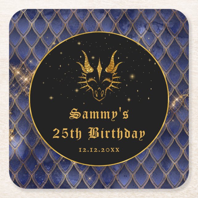 Navy Blue Dragon Scales Gold Faux Glitter Birthday Square Paper Coaster (Front)