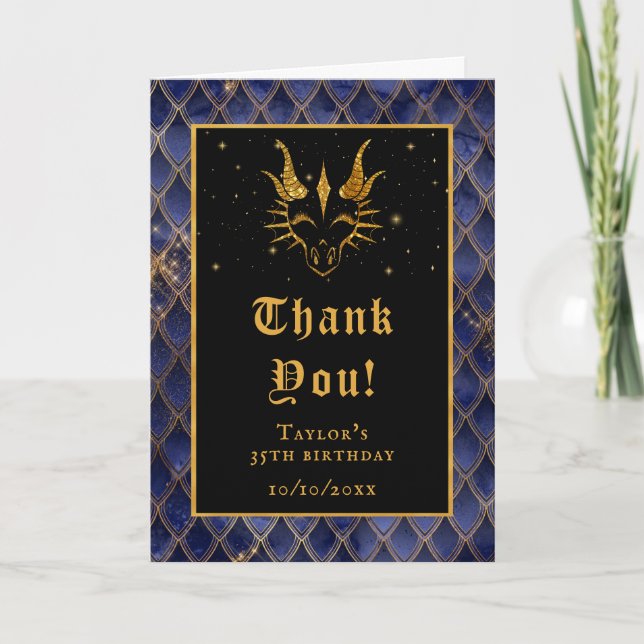Navy Blue Dragon Scales Gold Faux Glitter Birthday Thank You Card (Front)