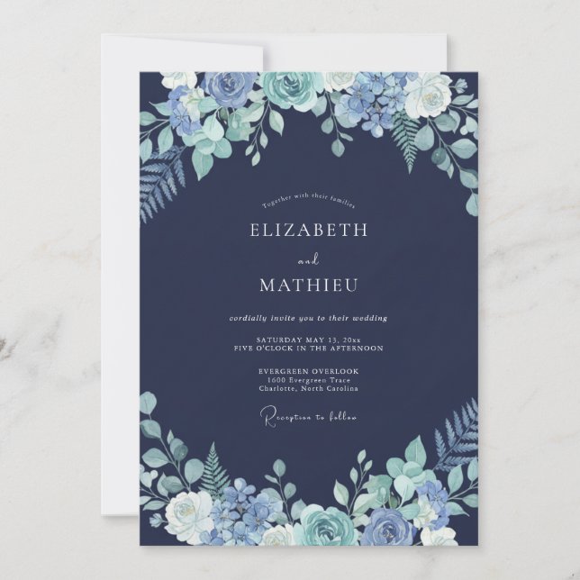 Navy Blue Dreamy Winter Wedding Invitation (Front)