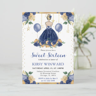 Navy Blue Dress Blonde Hair Princess Sweet 16 Invitation