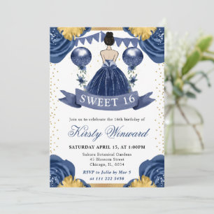Navy Blue Dress Brunette Haired Princess Sweet 16 Invitation