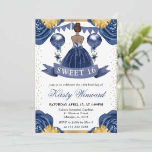 Navy Blue Dress Dark Skin Princess Sweet 16 Invitation