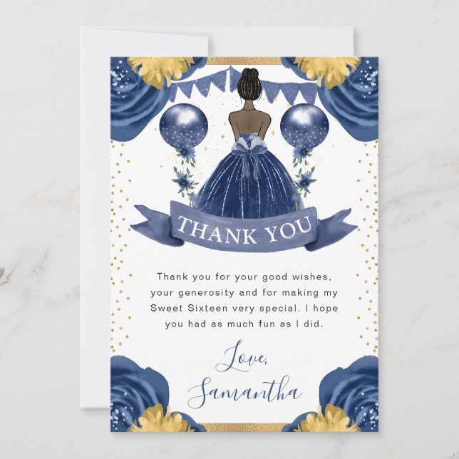 Navy Blue Dress Dark Skin Princess Sweet 16 Thank You Card (Front)