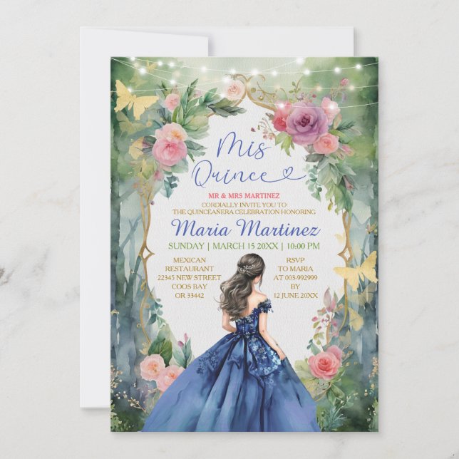 Navy Blue Dress Forest Gold Butterfly Mis Quince Invitation (Front)