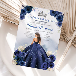 Navy Blue Dress Princess Silver Crown Quinceañera Invitation
