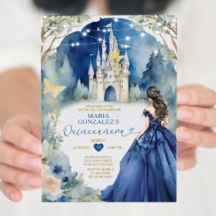 Navy Blue Dress White Castle Floral Quiñceanera Invitation
