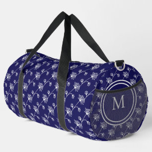 Navy Blue Duffel Bag with White Floral Design