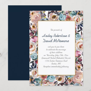 Navy Blue Dusk Blue Mauve Gold Wedding   Invitation