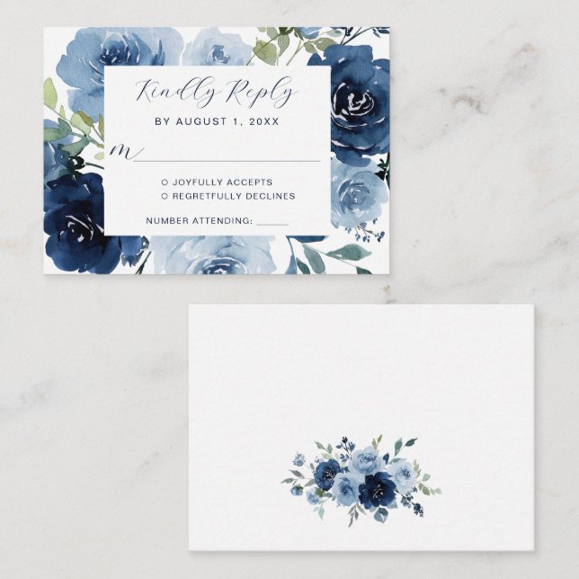 Navy Blue Dusty Blue Elegant Floral Wedding RSVP Enclosure Card (Front/Back)
