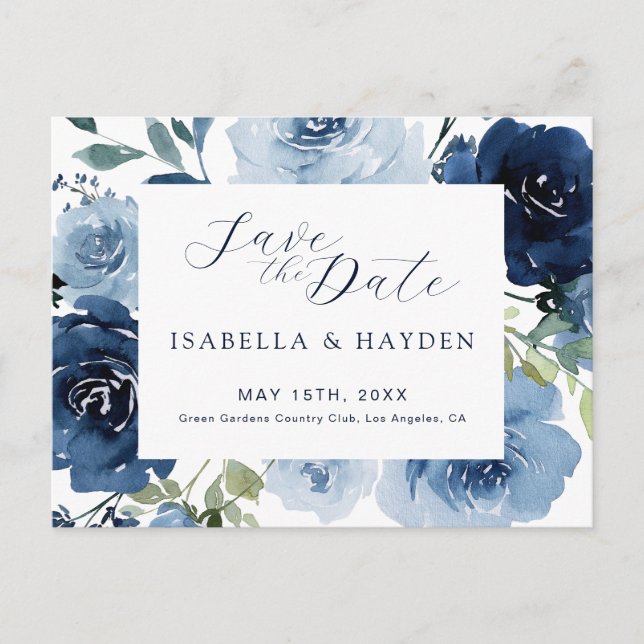 Navy Blue Dusty Blue Floral Wedding Save The Date Announcement Postcard (Front)