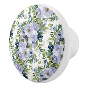 Navy Blue Dusty Blue Floral White Springtime Ceramic Knob