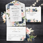 Navy Blue Dusty Blush Pink Floral Wedding  All In  All In One Invitation<br><div class="desc">Dark navy blue blush pink floral wedding Invitation featuring elegant bouquet of navy blue,  royal blue ,  white ,  blush rose and sage green eucalyptus leaves. Please contact me for any help in customisation or if you need any other product with this design.</div>