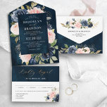 Navy Blue Dusty Blush Pink Floral Wedding  All In One Invitation<br><div class="desc">Dark navy blue blush pink floral wedding Invitation featuring elegant bouquet of navy blue,  royal blue ,  white ,  blush rose and sage green eucalyptus leaves. Please contact me for any help in customisation or if you need any other product with this design.</div>
