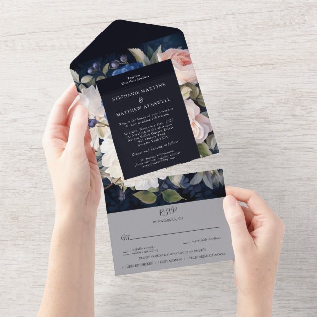 Navy Blue Dusty Blush Pink Floral Wedding  All In One Invitation (Tearaway)