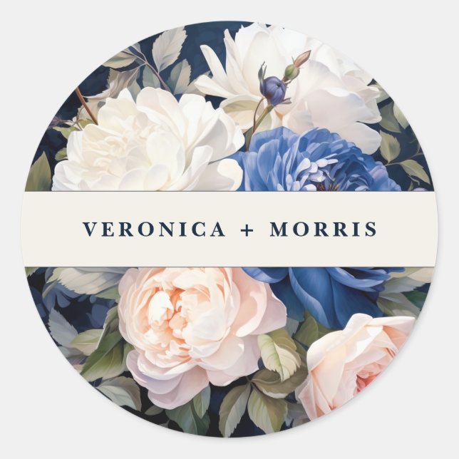 Navy Blue & Dusty Blush Pink Floral Wedding  Classic Round Sticker (Front)