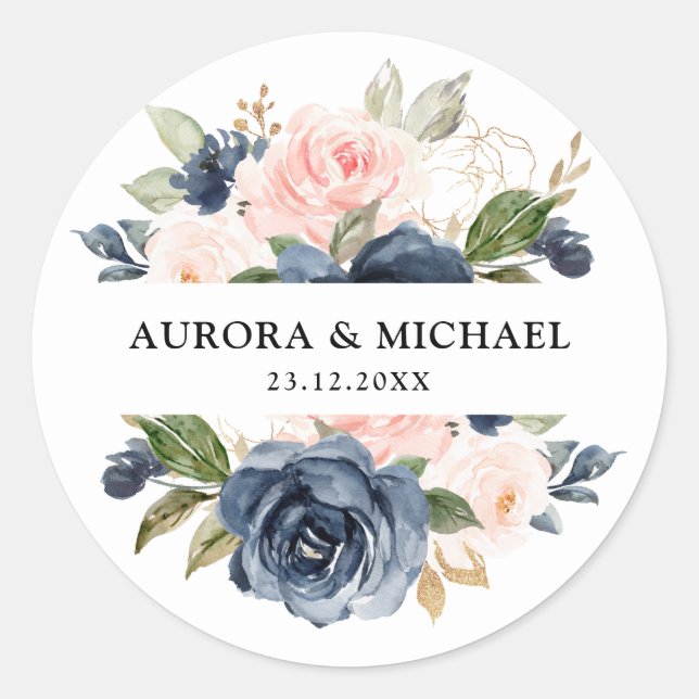 Navy Blue Dusty Blush Pink Floral Wedding  Classic Round Sticker (Front)