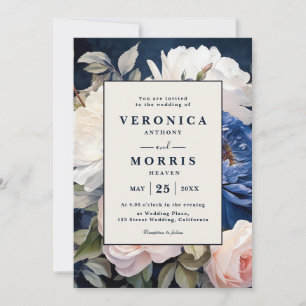 Navy Blue & Dusty Blush Pink Floral Wedding Invita Invitation