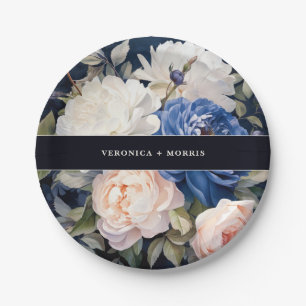 Navy Blue & Dusty Blush Pink Floral Wedding  Paper Plate