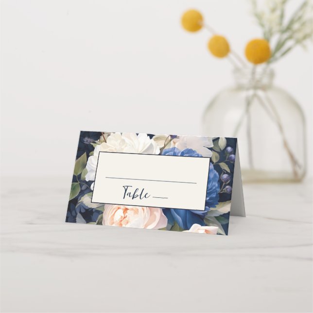 Navy Blue & Dusty Blush Pink Floral Wedding  Place Card (Front)