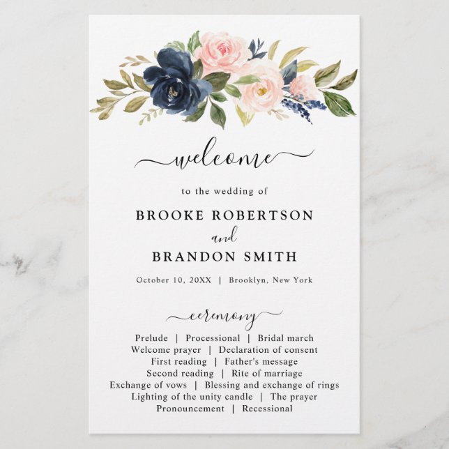 Navy Blue Dusty Blush Pink Floral Wedding Program (Front)