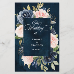 Navy Blue Dusty Blush Pink Floral Wedding Program