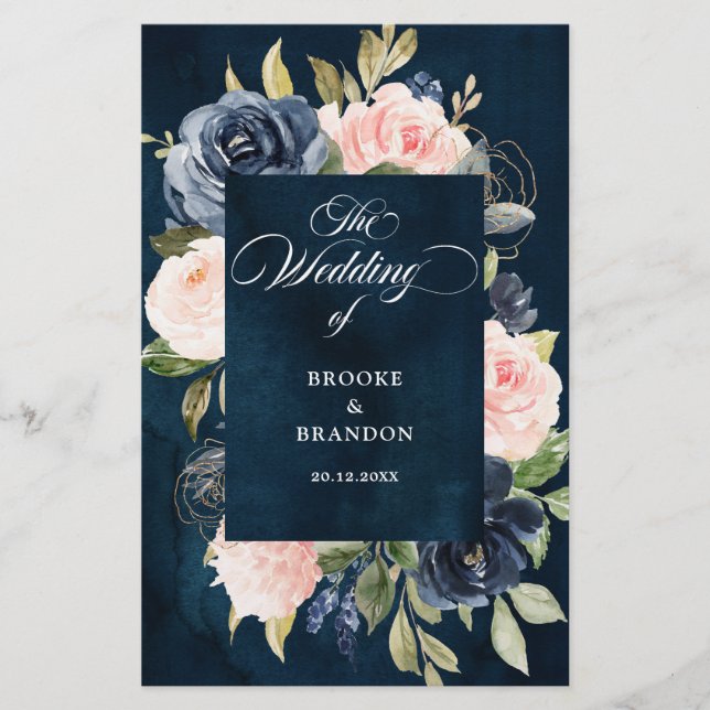 Navy Blue Dusty Blush Pink Floral Wedding Program (Front)