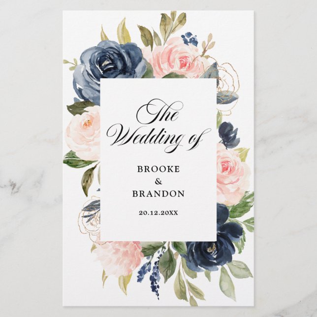 Navy Blue Dusty Blush Pink Floral Wedding Program (Front)