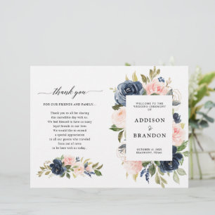 Navy Blue Dusty Blush Pink Floral Wedding Program