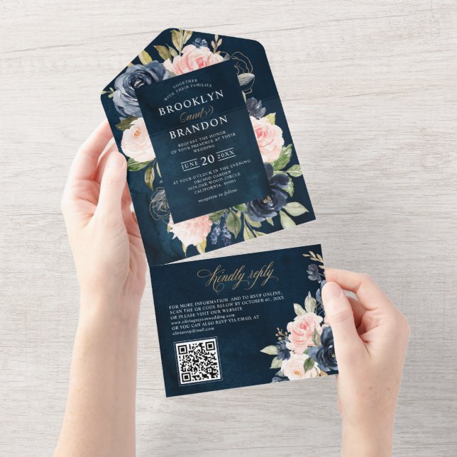 Navy Blue Dusty Blush Pink Floral Wedding QR Code All In One Invitation (Tearaway)