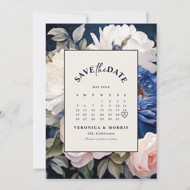 Navy Blue & Dusty Blush Pink Floral Wedding Save The Date (Front)