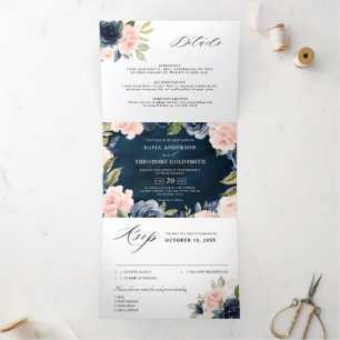 Navy Blue Dusty Blush Pink Floral Wedding Tri-Fol Tri-Fold Announcement