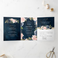 Navy Blue Dusty Blush Pink Floral Wedding Tri-Fol