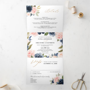 Navy Blue Dusty Blush Pink Floral Wedding  Tri-Fold Announcement