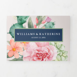 Navy Blue Dusty Blush Pink & Peach Floral  Tri-Fold Invitation