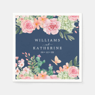 Navy Blue Dusty Blush Pink & Peach Floral Wedding Napkin