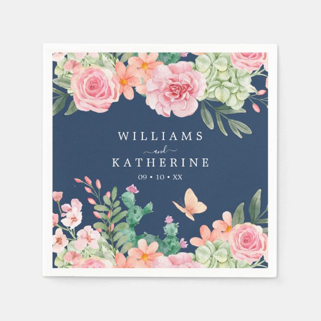 Navy Blue Dusty Blush Pink & Peach Floral Wedding Napkin (Front)