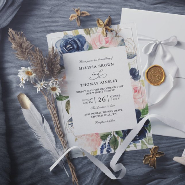 Navy Blue Dusty Floral Budget QR Code Wedding Invitation (Creator Uploaded)