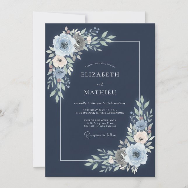 Navy Blue Dusty Floral Wedding Invitation (Front)