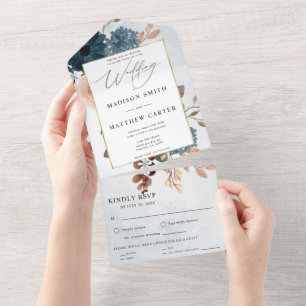 Navy Blue Dusty Pink Floral All in One Wedding Invitation
