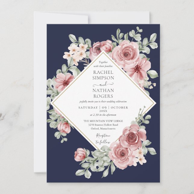 Navy Blue Dusty Rose Floral Gold Geometric Wedding Invitation (Front)