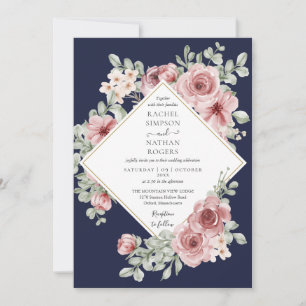 Navy Blue Dusty Rose Floral Gold Geometric Wedding Invitation