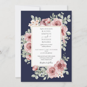 Navy Blue Dusty Rose Floral Gold Wedding Invitation