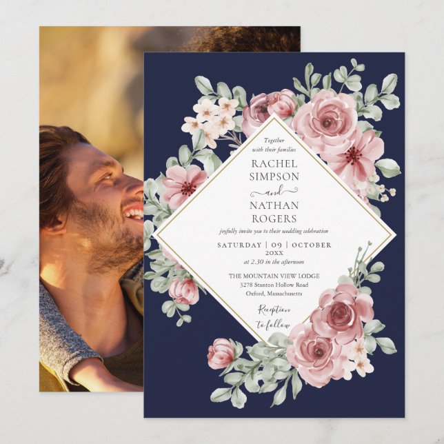 Navy Blue Dusty Rose Floral Gold Wedding Photo Invitation (Front/Back)