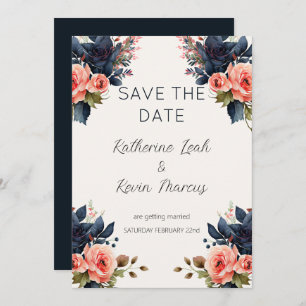 Navy Blue Dusty Rose Floral Save the Date Wedding Invitation