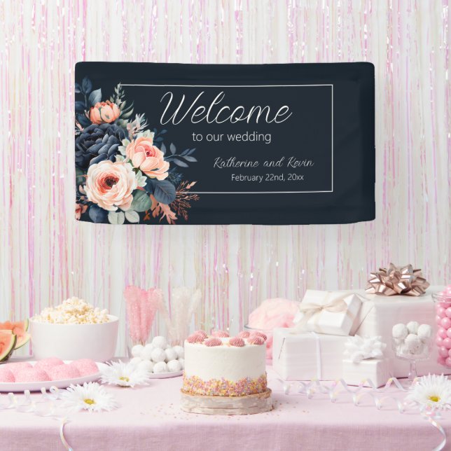 Navy Blue Dusty Rose Floral Wedding Banner (Party)