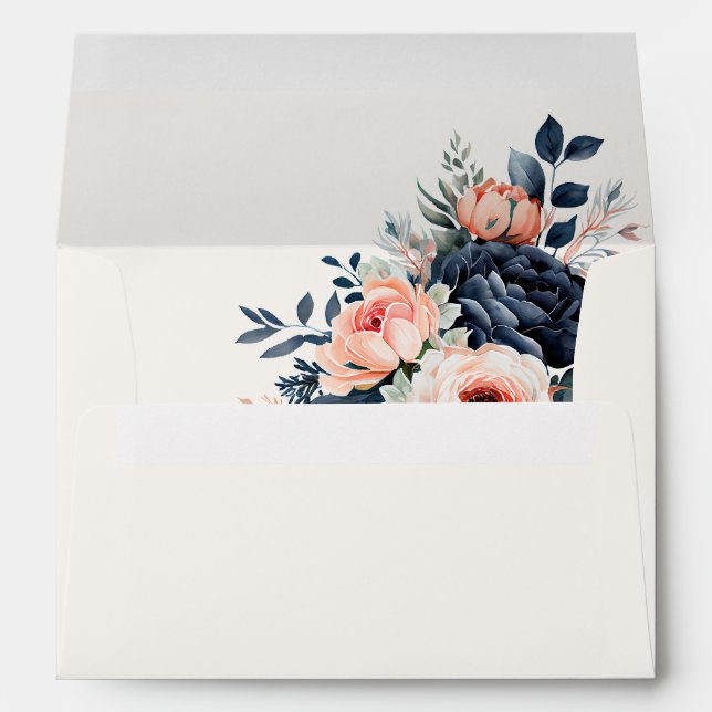 Navy Blue Dusty Rose Floral Wedding  Envelope (Back (Bottom))