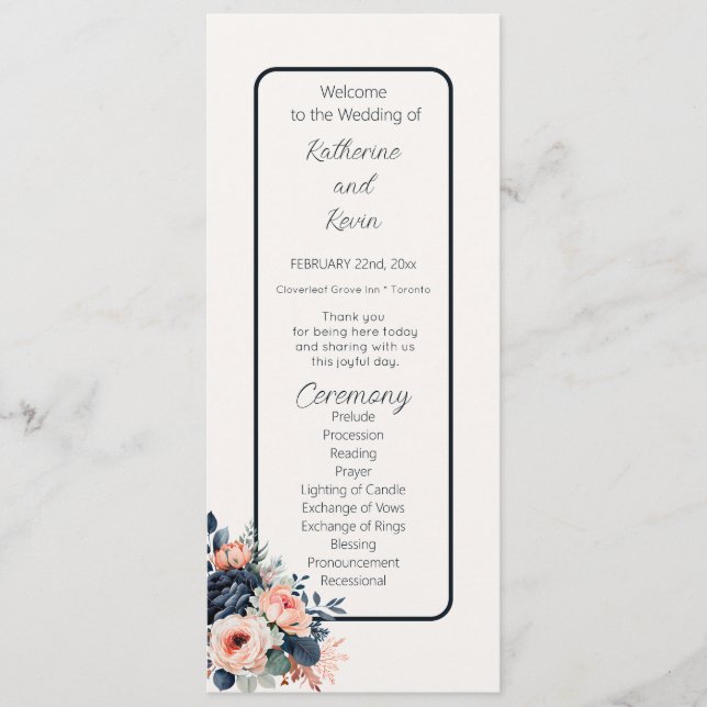  Navy Blue Dusty Rose Floral Wedding Flat Program Programme (Front)