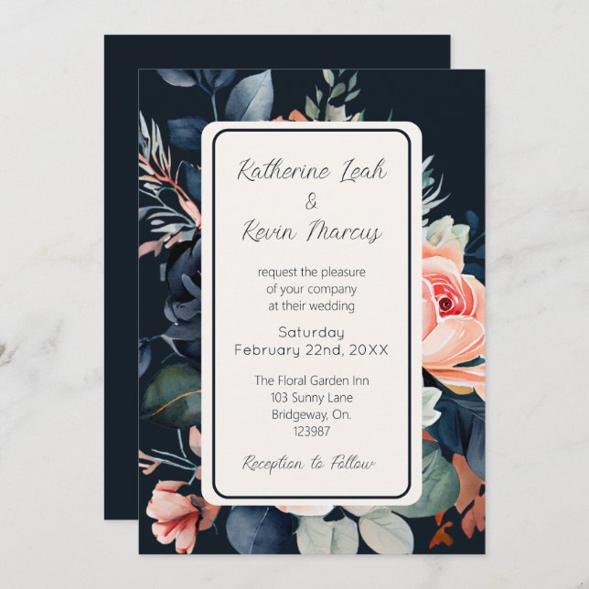 Navy Blue Dusty Rose Floral Wedding Invitation (Front/Back)