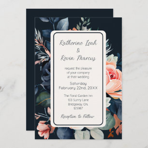 Navy Blue Dusty Rose Floral Wedding Invitation